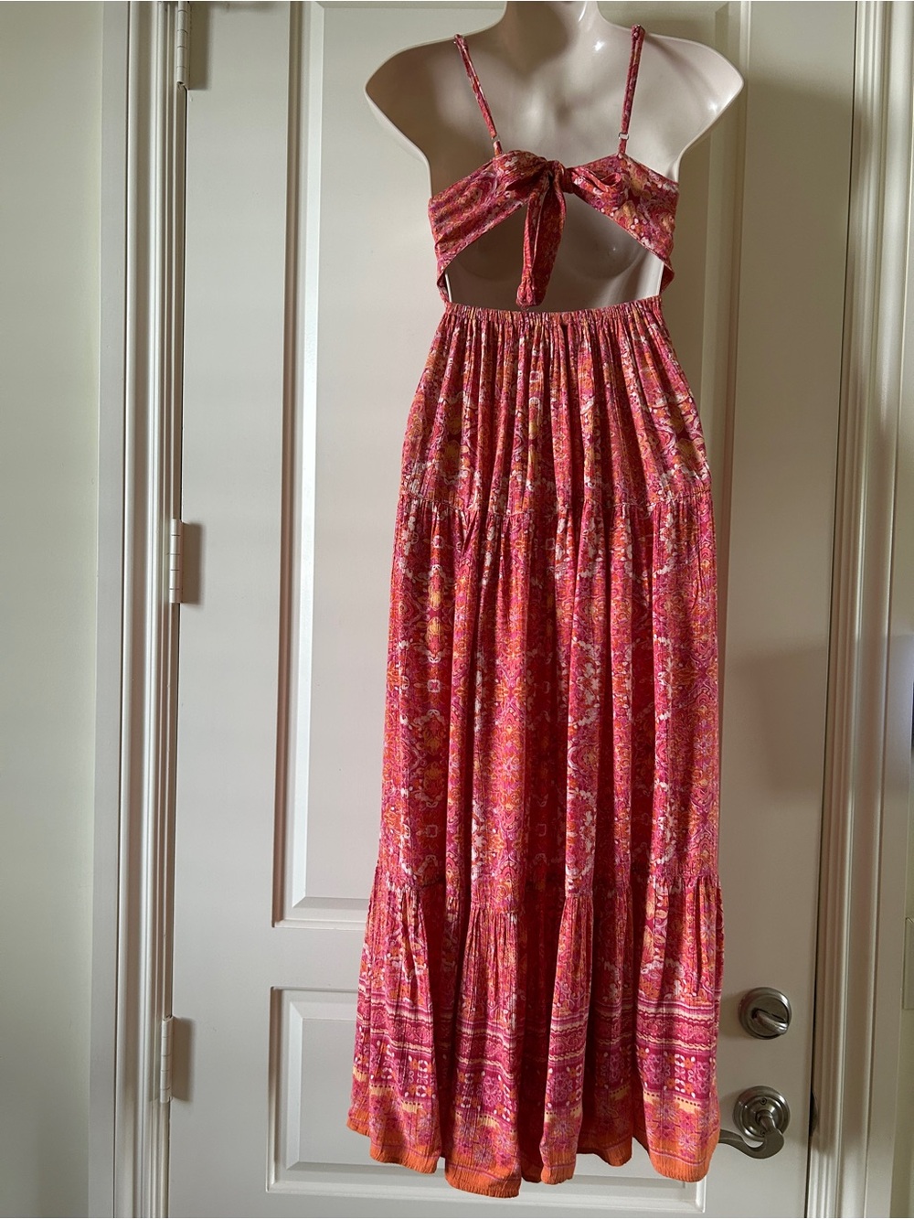 ANGIE Pink, Orange And Cream Tiered Maxi Dress With Tie-Back, Size M, EUC - Picture 5 of 7